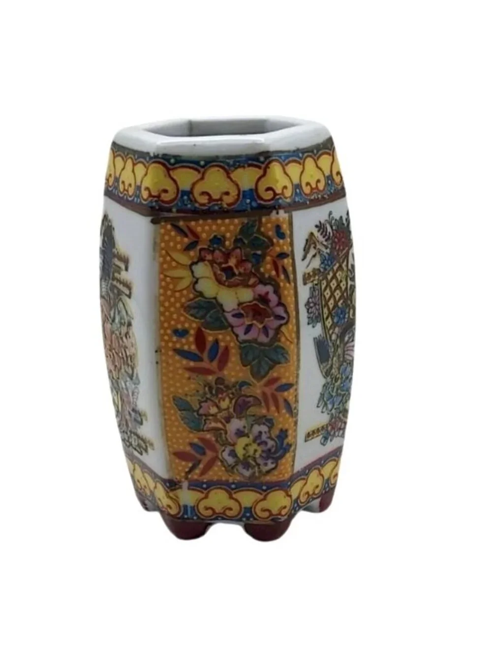 Satsuma Bud Vase Moriage Barrel Shaped Mini Porcelain Brush Pot Japan Vintage